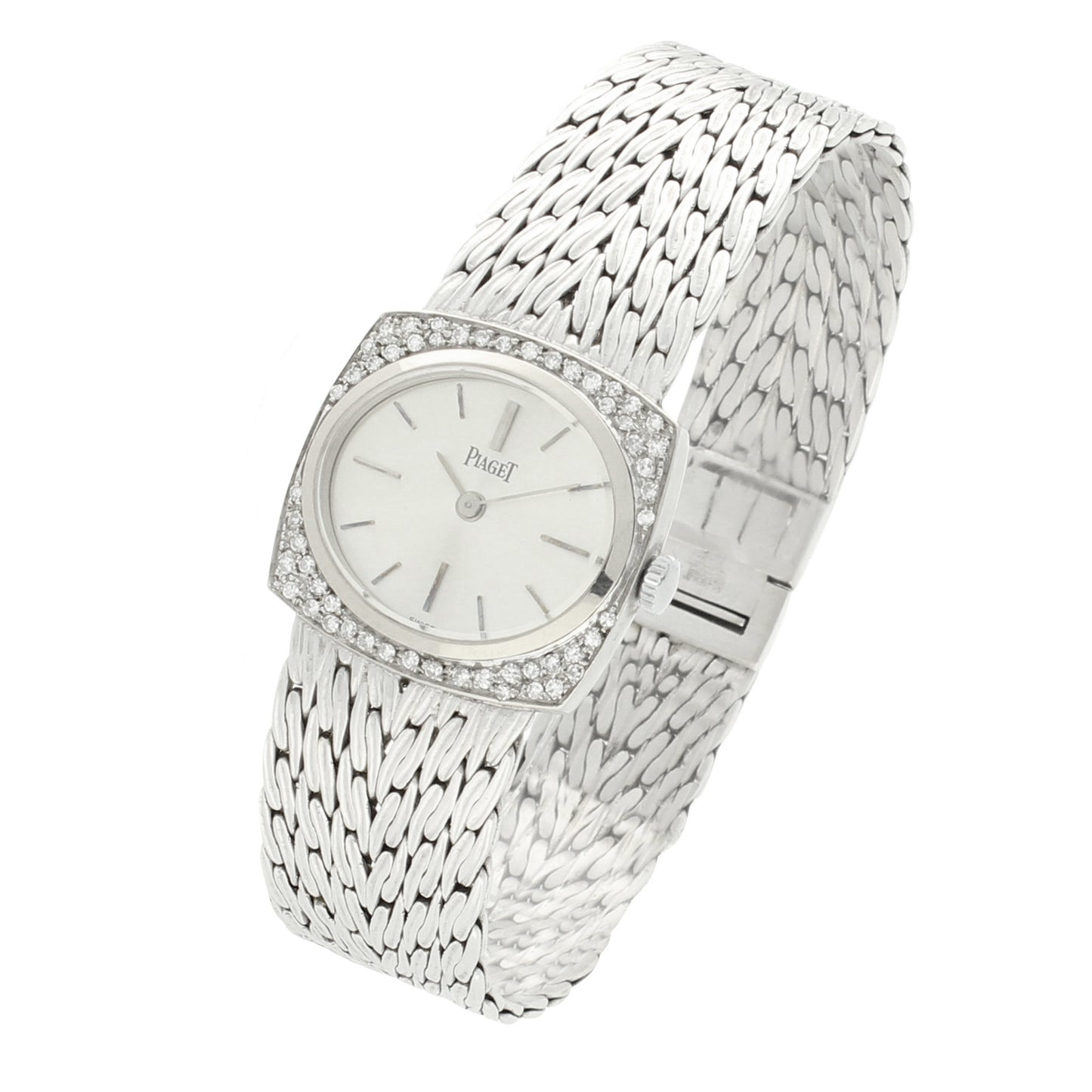 18ct white gold and diamond set, reference 9545 'cushion cased' bracelet watch. Made 1970s
