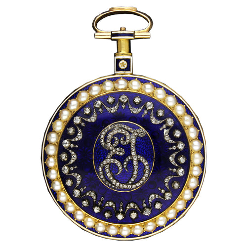 18ct yellow gold, enamel, diamond and pearl set open face pocket watch. Circa 1780