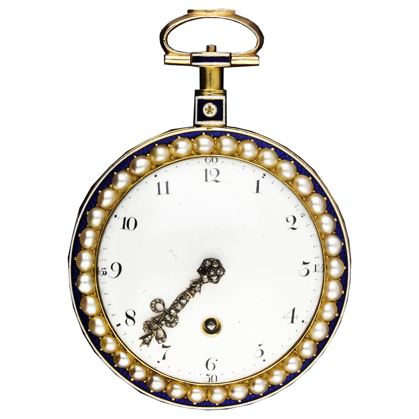 18ct yellow gold, enamel, diamond and pearl set open face pocket watch. Circa 1780