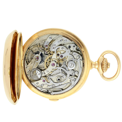 18ct rose gold Patek Philippe, full hunter single button chronograph pocket watch. Made 1897