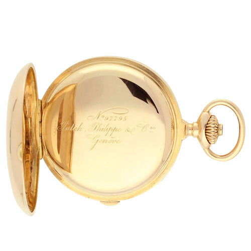 18ct rose gold Patek Philippe, full hunter single button chronograph pocket watch. Made 1897