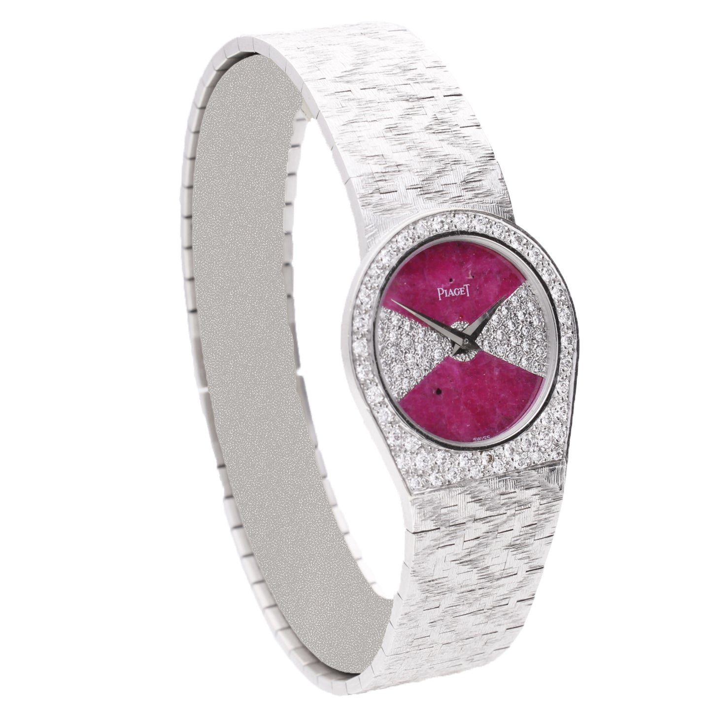 18ct white gold Piaget diamond and ruby set dial and diamond set bezel bracelet watch. Made 1970