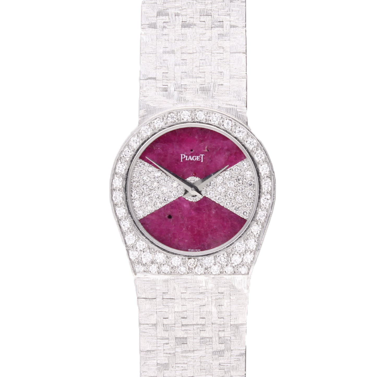 18ct white gold Piaget diamond and ruby set dial and diamond set bezel bracelet watch. Made 1970