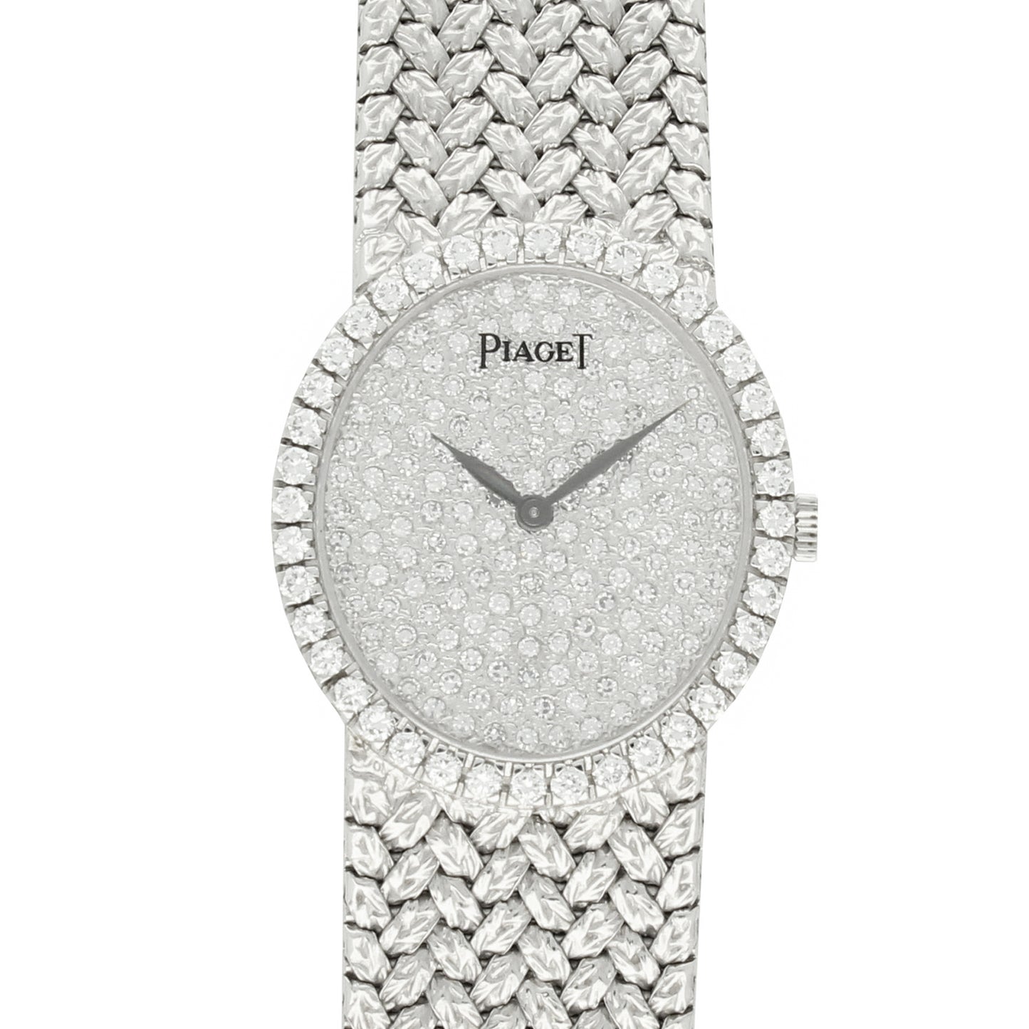 18ct white gold oval bracelet watch with diamond set dial and bezel. Made 1970s