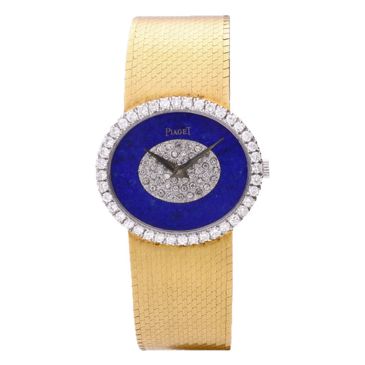 18ct yellow gold Piaget, diamond and lapis lazuli dial bracelet watch. Made 1970