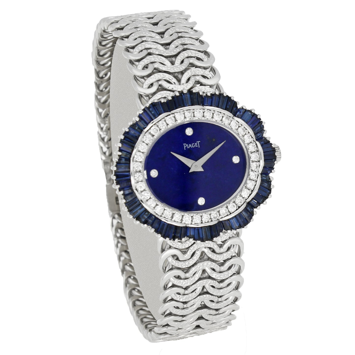 18ct white gold 'oval cased' with lapis lazuli dial and diamond and sapphire set bezel bracelet watch. Made 1970's