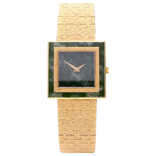 18ct yellow gold Piaget, reference 9200 bracelet watch with jade dial and bezel. Made 1970's