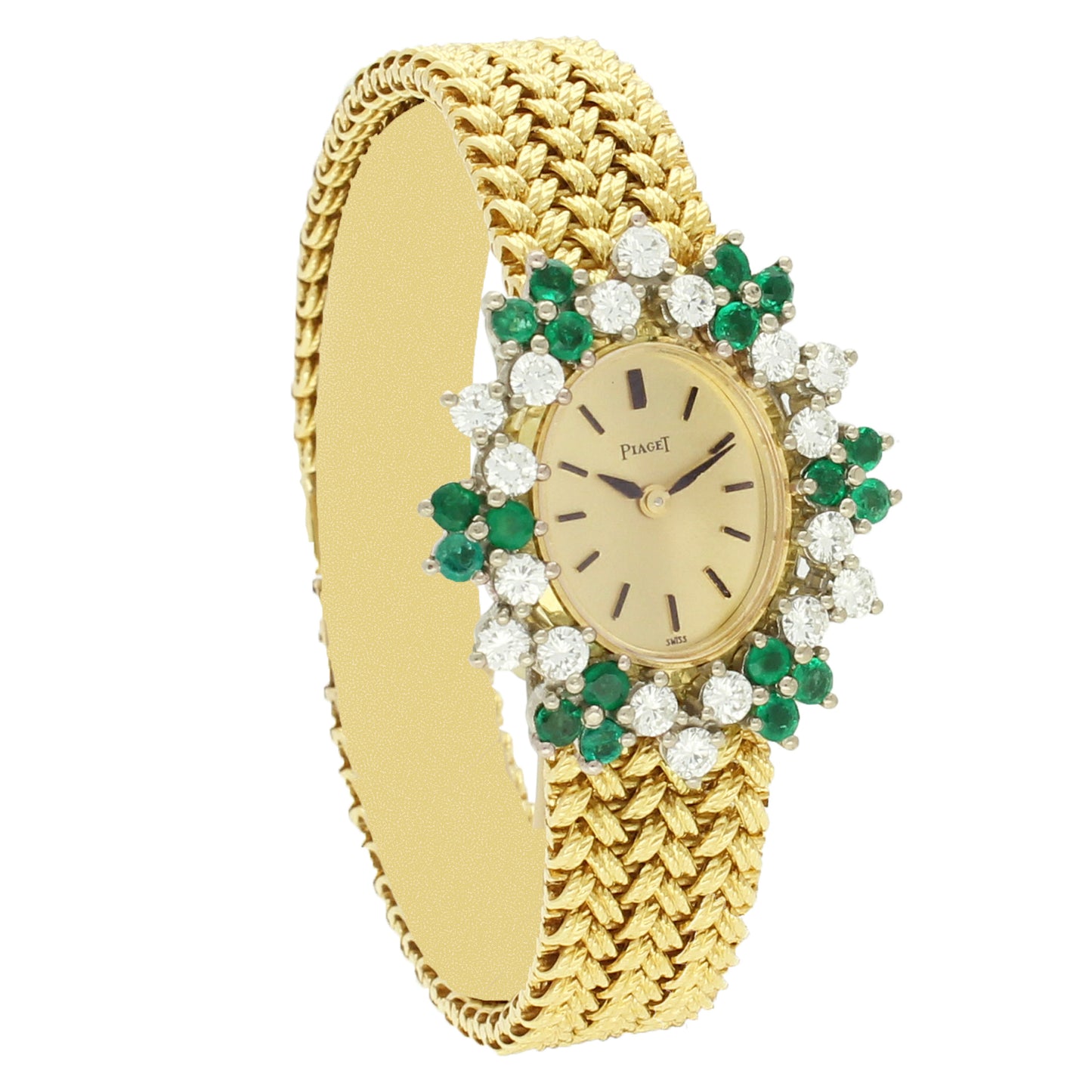 18ct yellow gold Piaget, reference 37712 bracelet watch with diamond and emerald set bezel. Made 1970's