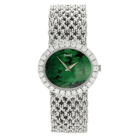 18ct white gold 'oval cased with jadeite dial and diamond set bezel bracelet watch. Made 1970's