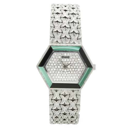 18ct white gold 'hexagonal cased' with diamond set dial and malachite and onyx bezel bracelet watch. Made 1970's