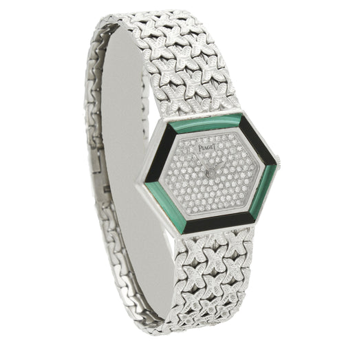 18ct white gold 'hexagonal cased' with diamond set dial and malachite and onyx bezel bracelet watch. Made 1970's