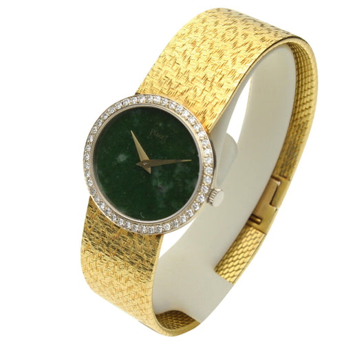 18ct yellow gold Piaget, reference 9805 bracelet watch with Nephrite dial and diamond set bezel. Made 1970's