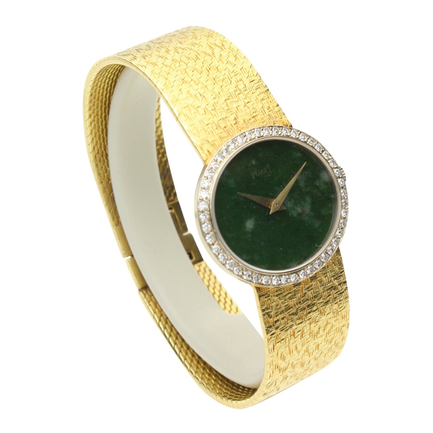 18ct yellow gold Piaget, reference 9805 bracelet watch with Nephrite dial and diamond set bezel. Made 1970's