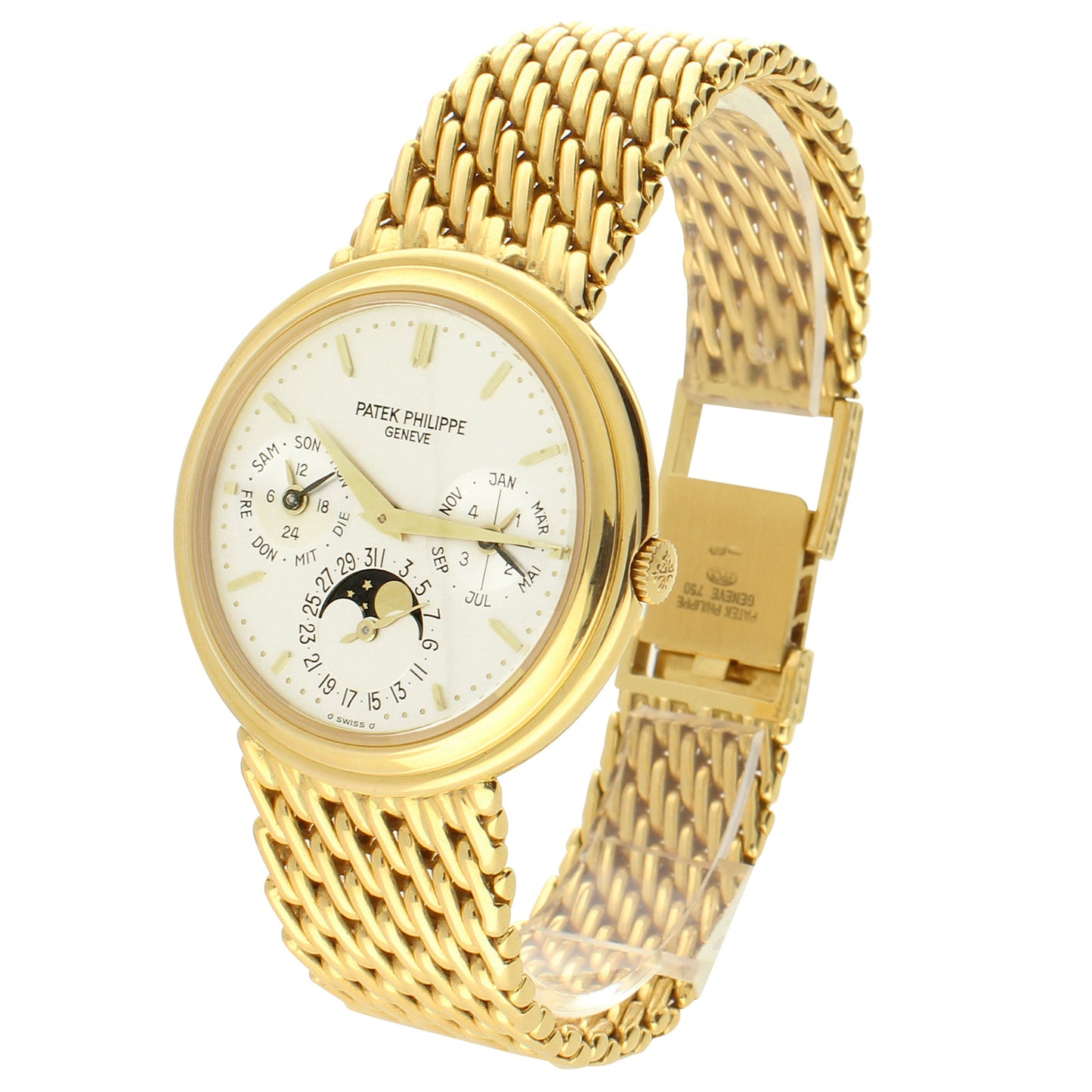 18ct yellow gold, reference 3945, perpetual calendar wristwatch with moon phases and leap year indicator. Made 1993