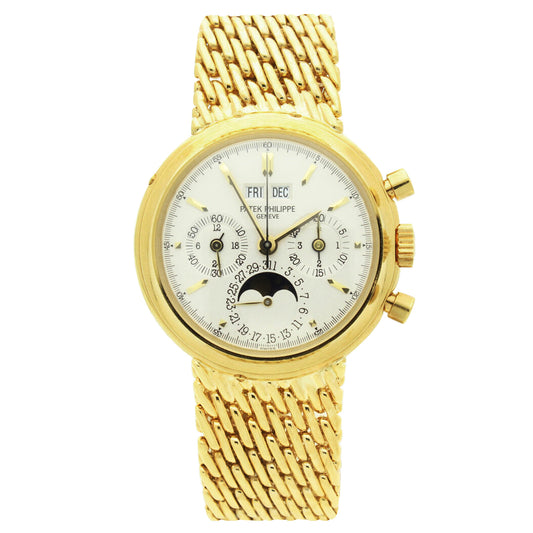 18ct yellow gold, reference 3970 perpetual calendar chronograph bracelet watch. Made 2002