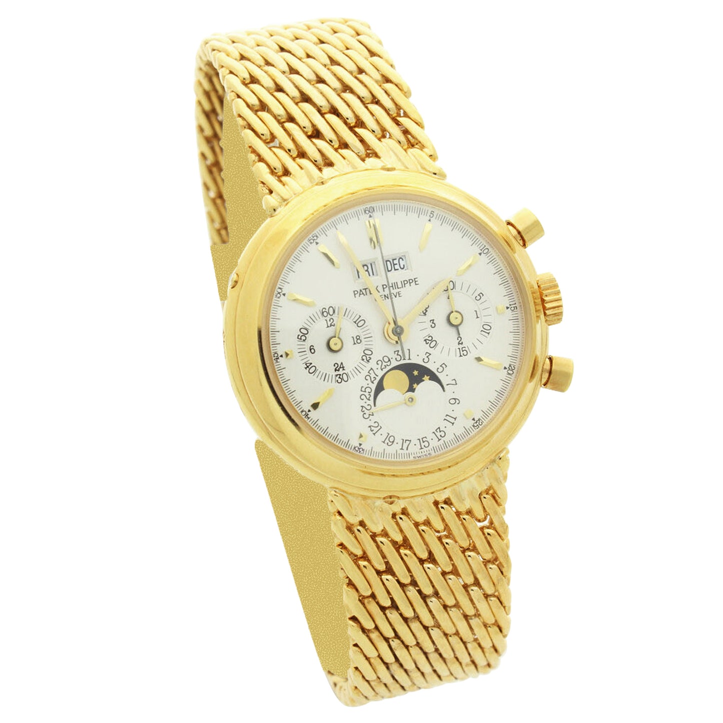 18ct yellow gold, reference 3970 perpetual calendar chronograph bracelet watch. Made 2002