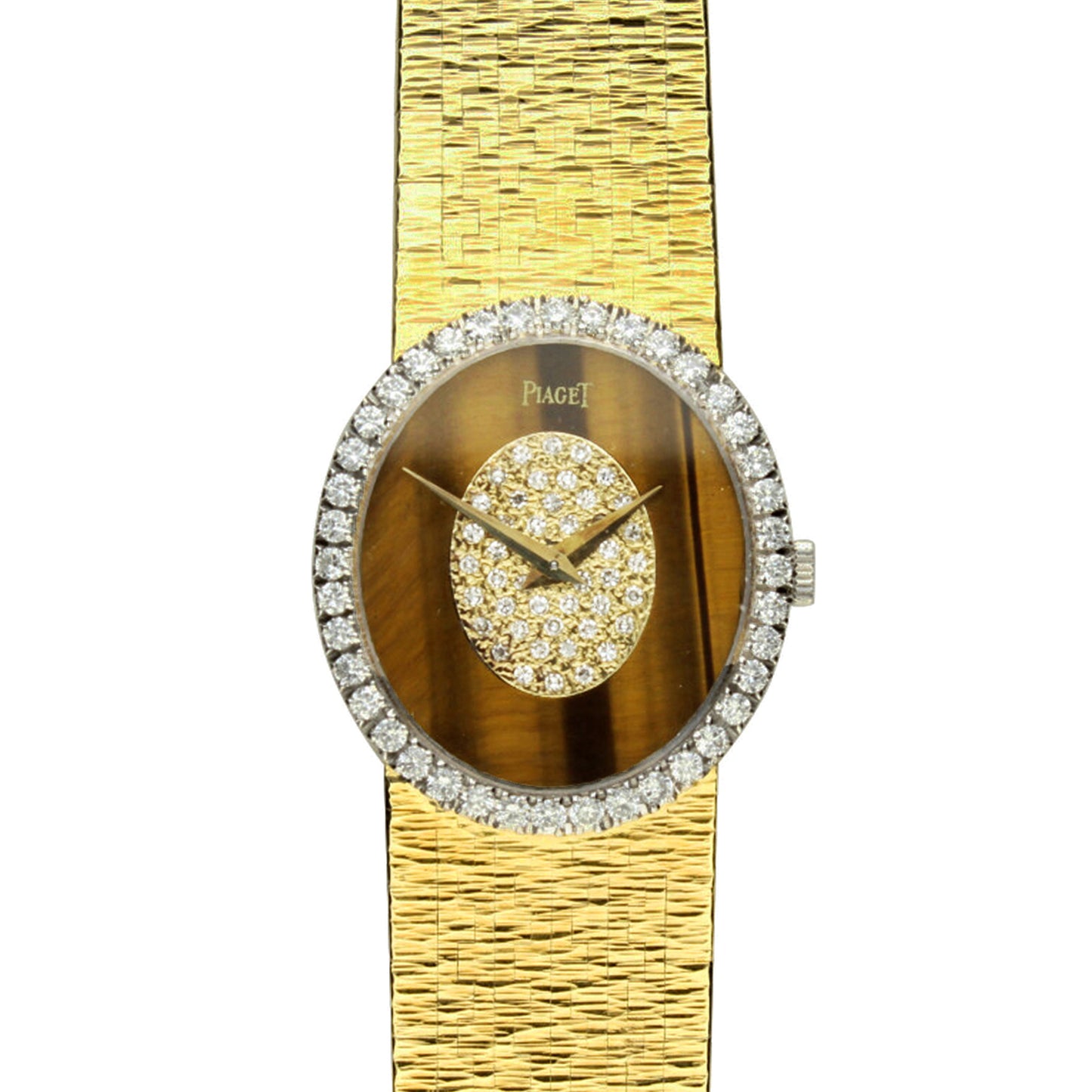 18ct yellow gold Piaget, reference  9826 bracelet watch with tigers eye/diamond set dial and diamond set bezel. Made 1970's