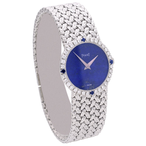 18ct white gold Piaget, reference 9706 bracelet watch with lapis lazuli dial and diamond set bezel. Made 1970's