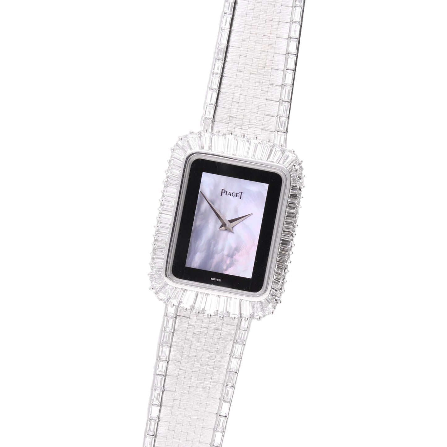 18ct white gold Piaget, mother of pearl and onyx dial diamond set bracelet watch. Made 1975