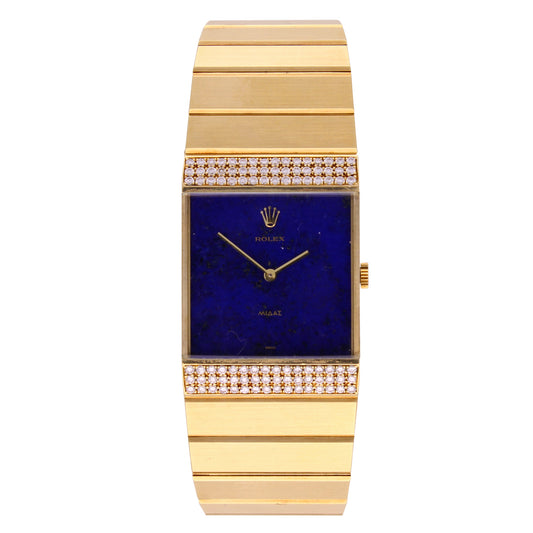 18ct yellow gold King Midas wristwatch with Lapis lazuli dial and diamond set bezel. Made 1976