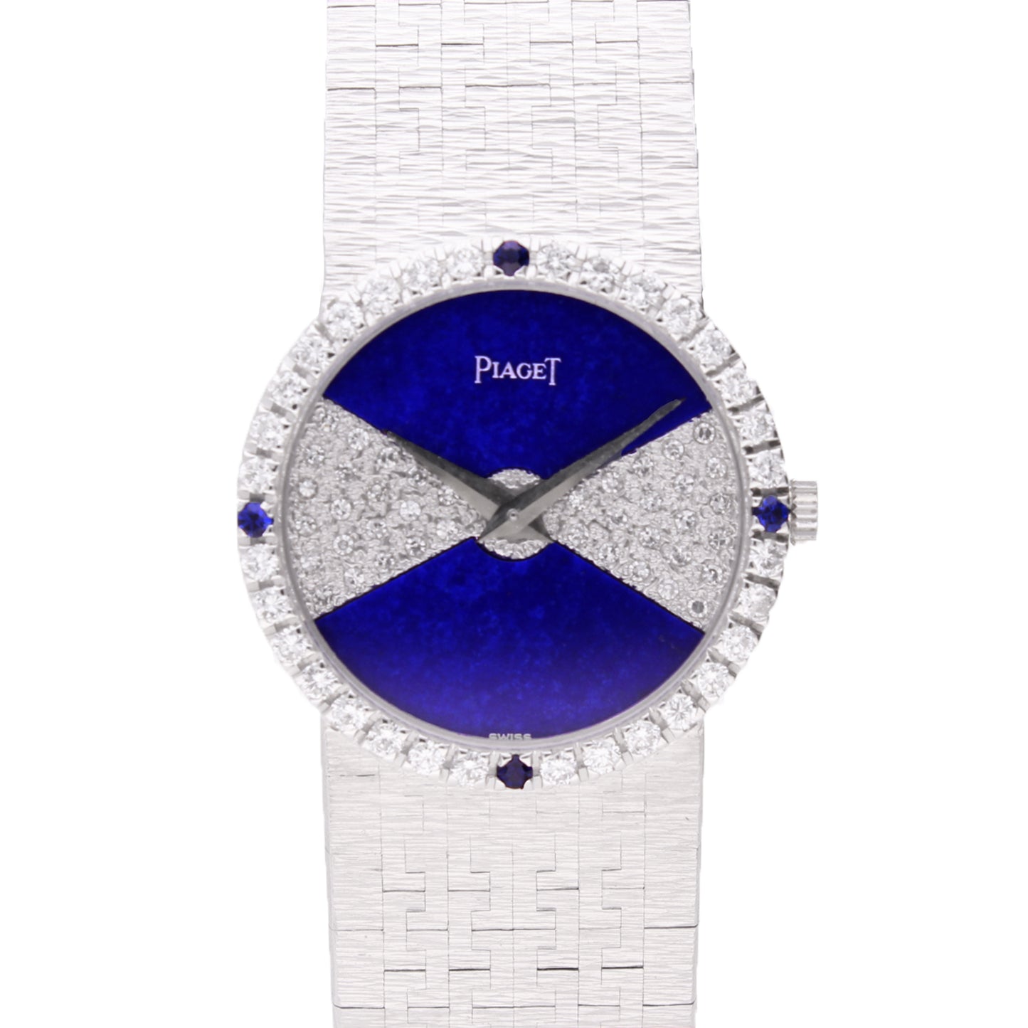 18ct white gold Piaget, with lapis lazuli/diamond set dial and diamond set bezel. Made 1970