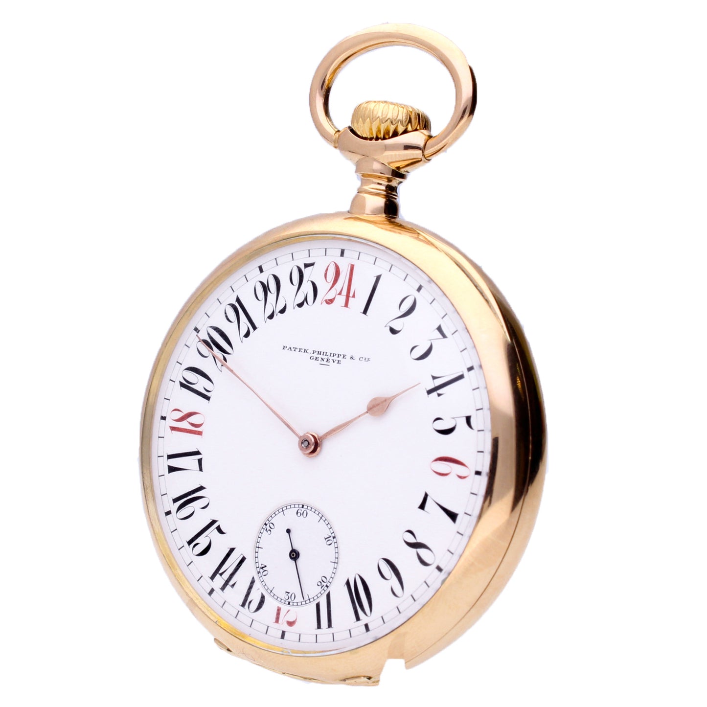 18ct rose gold Patek Philippe open face chronometro Gondolo pocket watch. Made 1915