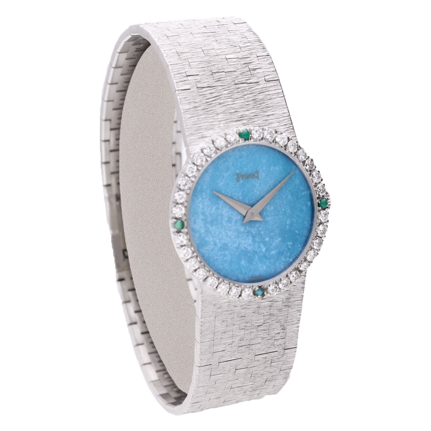 18ct white gold Piaget, reference 9706 barcelet watch with Turquoise dial and diamond set bezel. Made 1970's