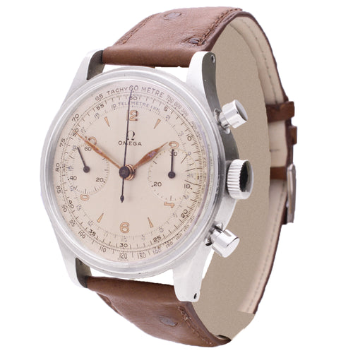 Stainless steel OMEGA 33.3 chronograph wristwatch. Made 1953