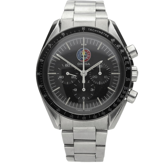 Stainless steel OMEGA Speedmaster 'Apollo Soyuz' chronograph wristwatch. Made 1976