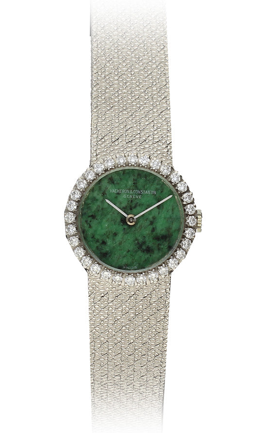 18ct white gold and diamond set Vacheron & Constantin, reference 7587 bracelet watch with jade dial. Made 1970's