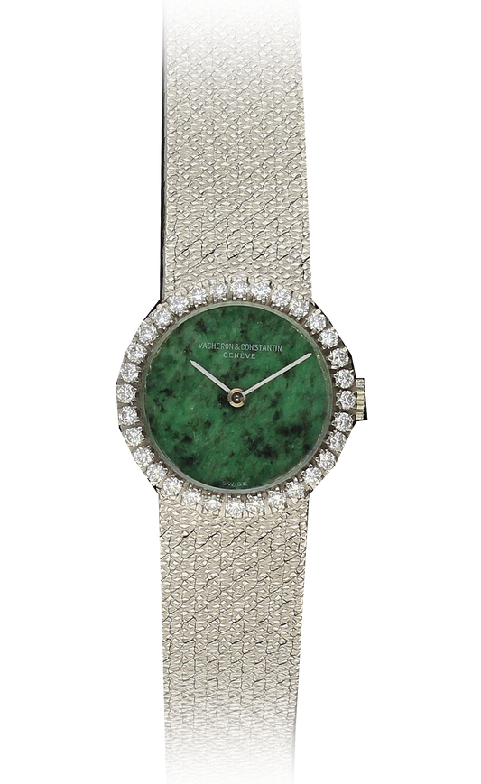 18ct white gold and diamond set Vacheron & Constantin, reference 7587 bracelet watch with jade dial. Made 1970's