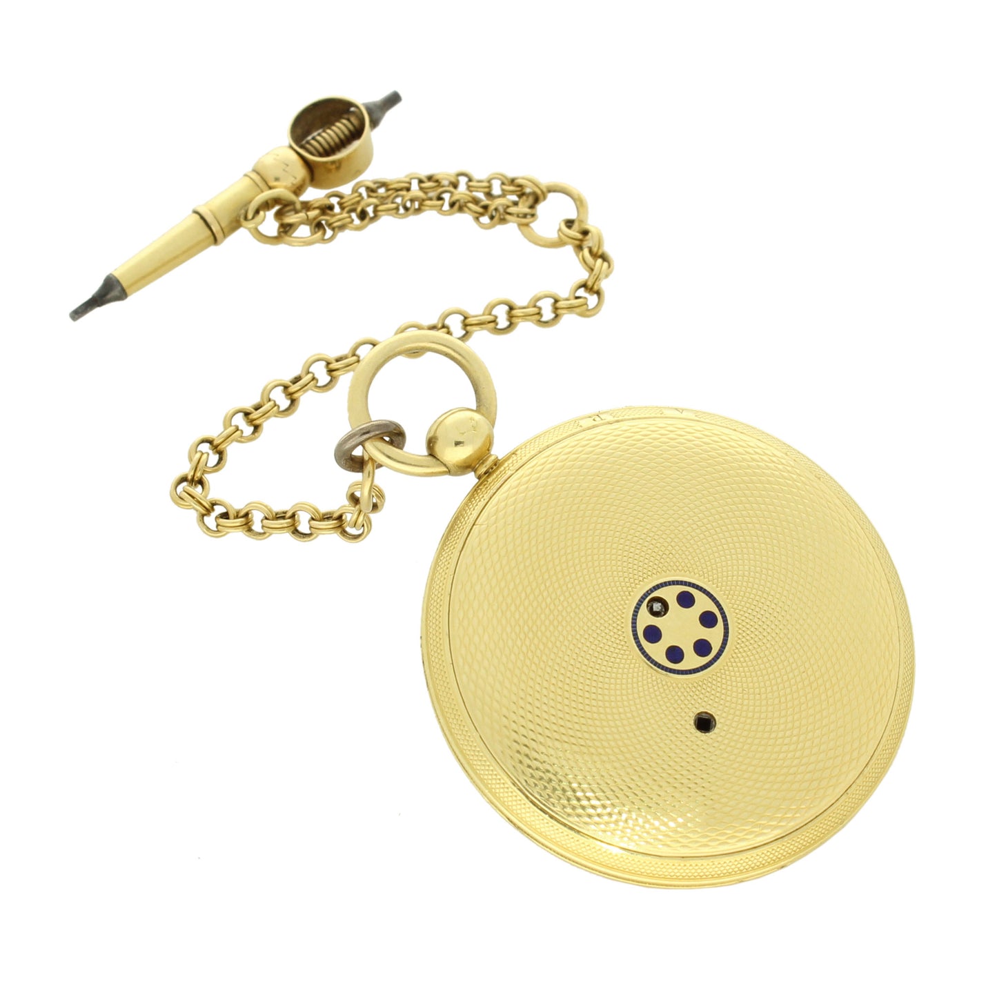 18ct yellow gold miniature open face pocket watch with chain. Made 1840’s