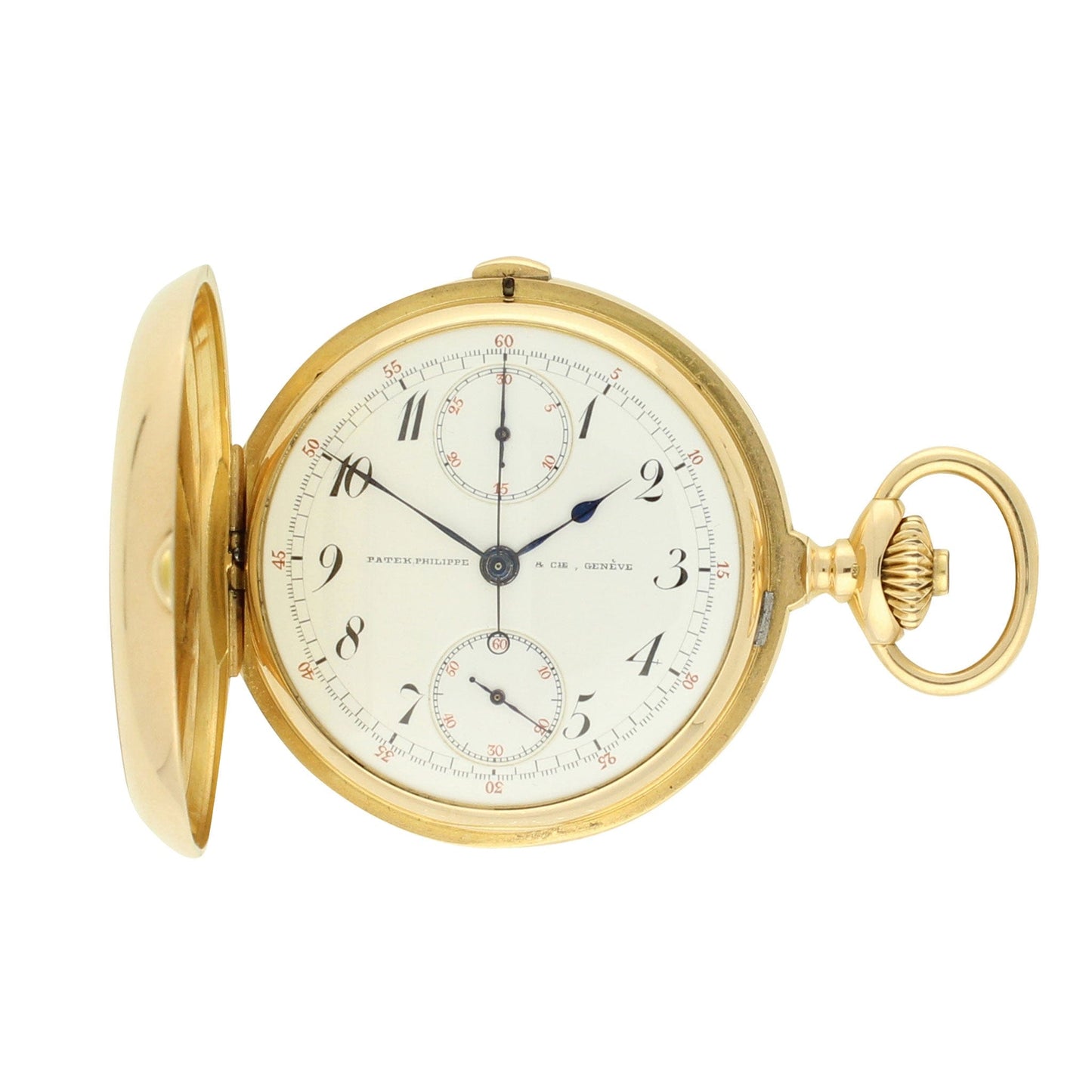 18ct rose gold Patek Philippe hunter case single button chronograph pocket watch. Made 1897