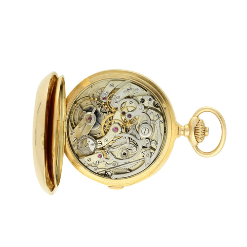 18ct rose gold Patek Philippe hunter case single button chronograph pocket watch. Made 1897