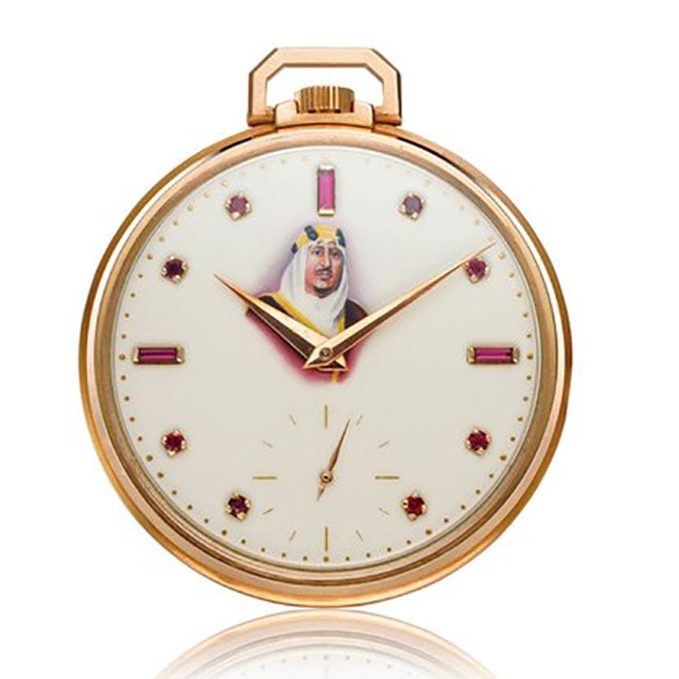 18ct rose gold Patek Philippe, reference 600/1 open face pocket watch, with portrait of "King Ibn Saud". Made 1956