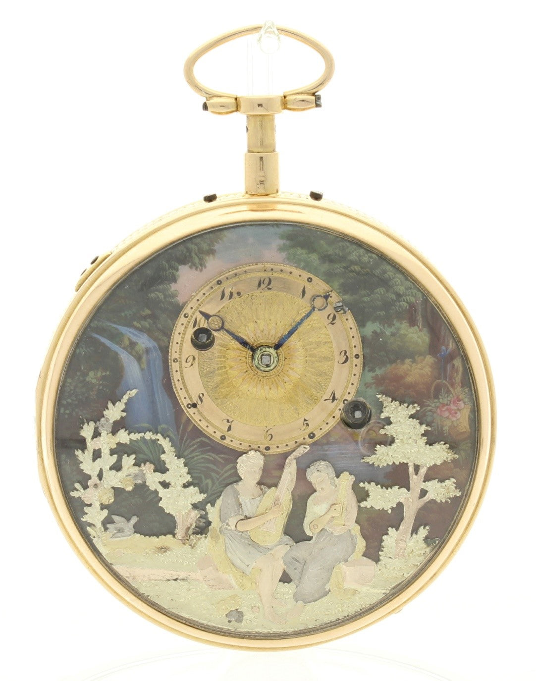Erotic Automation Pocketwatch: Multi-coloured gold and enamel quarter repeating automation watch with musical movement and concealed erotic automation by Henri Capt c. 1810
