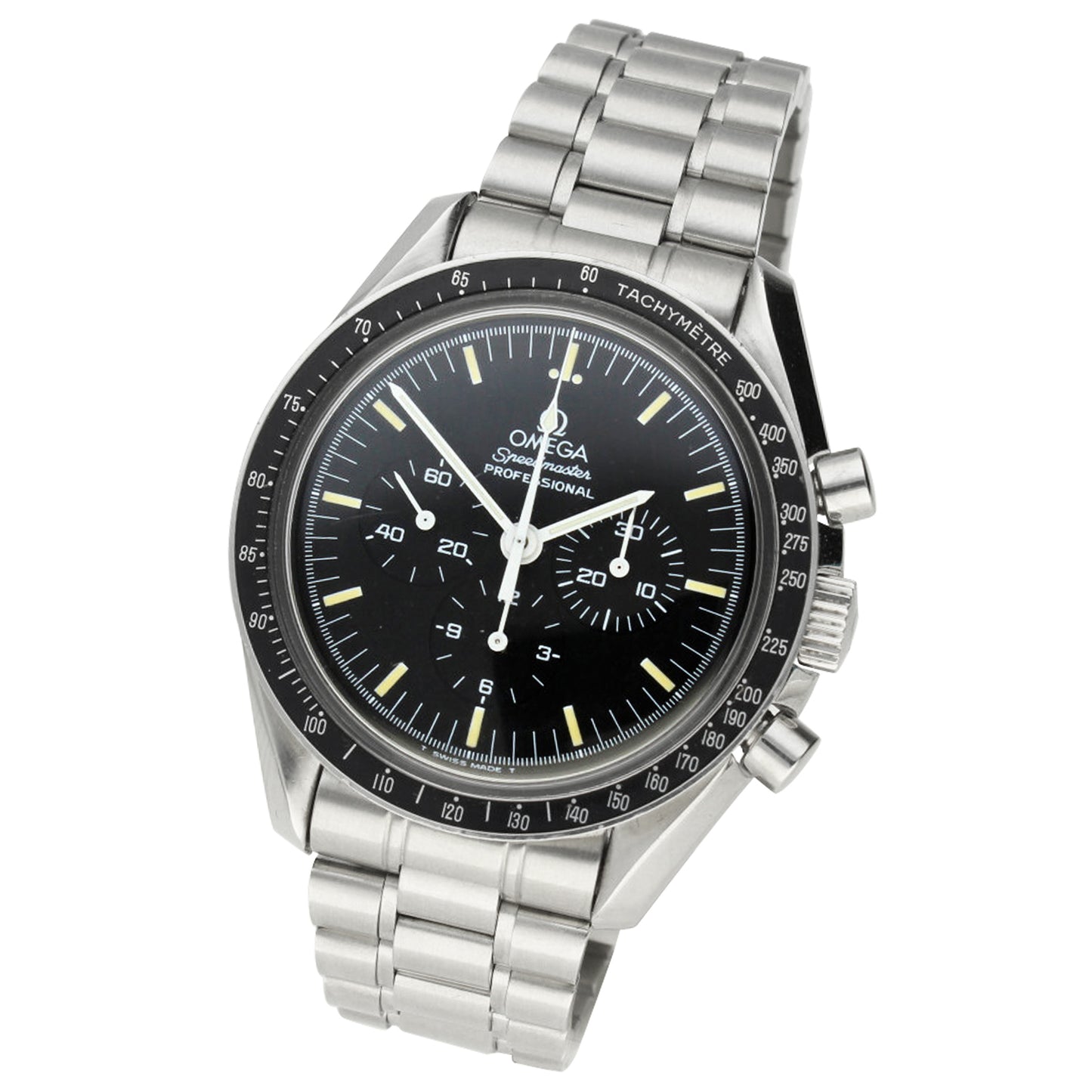 Stainless steel Speedmaster Professional 20th Anniversary 'Apollo XI' chronograph wristwatch. Made 1989