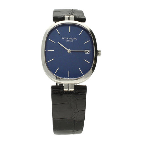 Stainless steel Patek Philippe, reference 3930 Ellipse Quartz wristwatch with blue dial. Made 1985