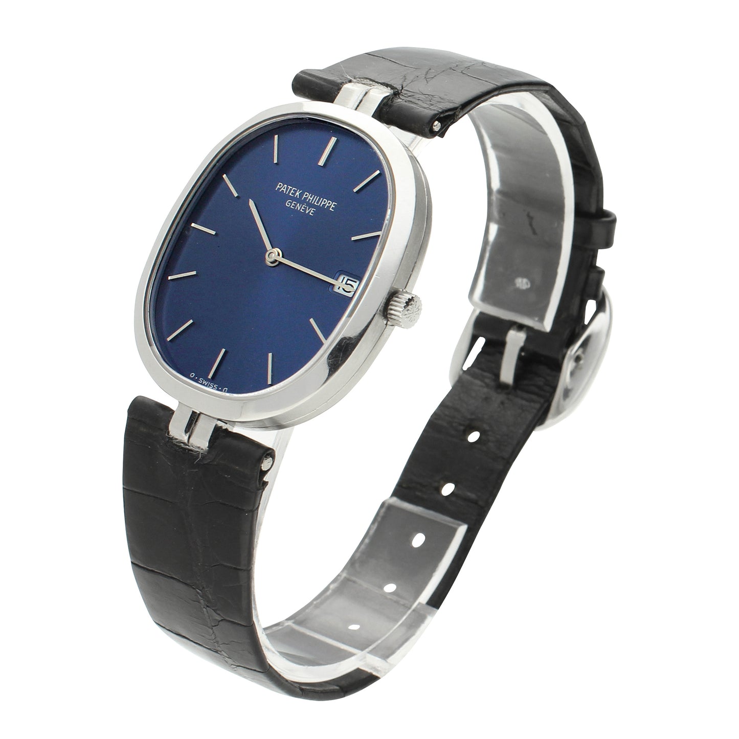 Stainless steel Patek Philippe, reference 3930 Ellipse Quartz wristwatch with blue dial. Made 1985