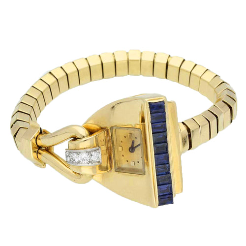 18ct yellow gold, sapphire and diamond set bracelet watch. Made 1942