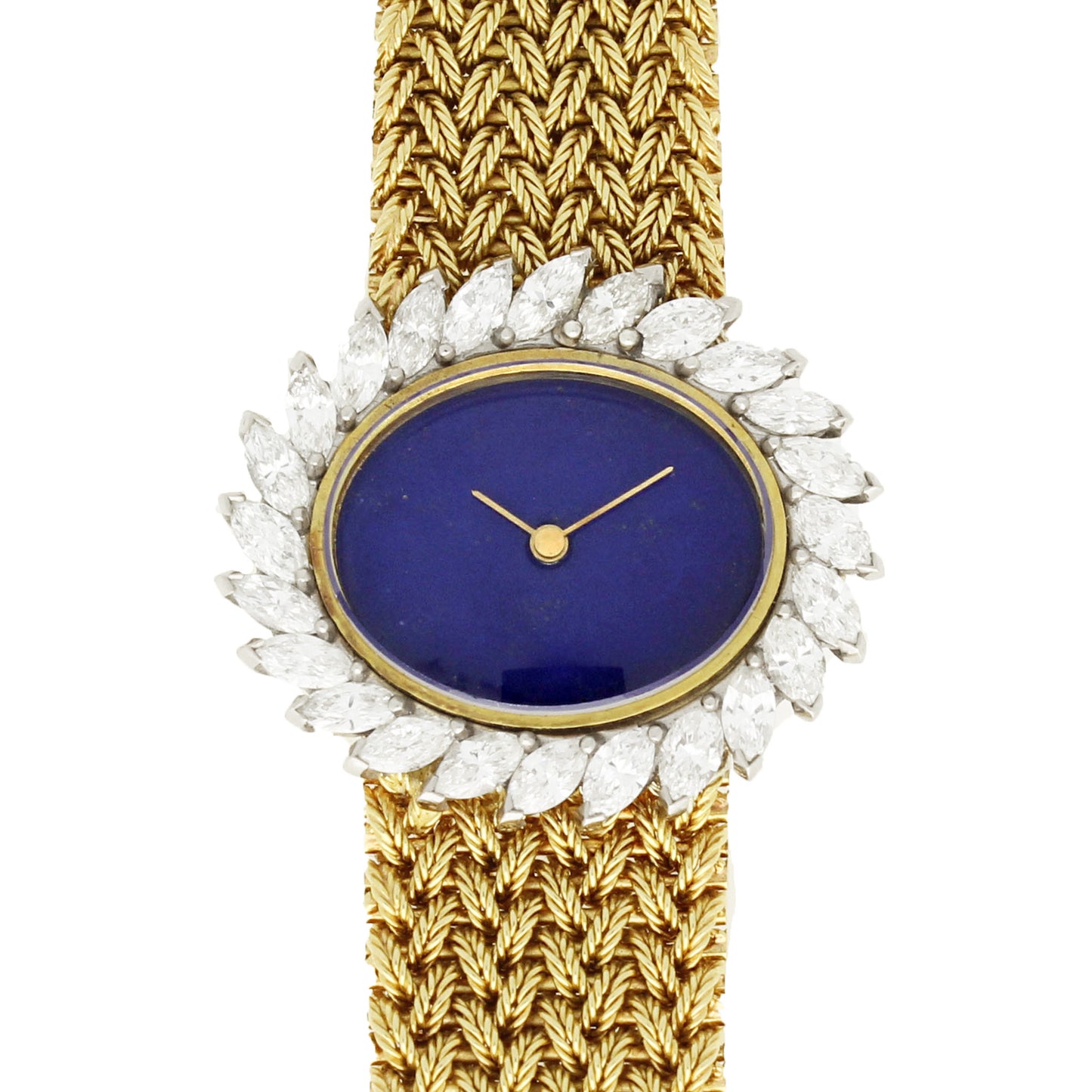 18ct yellow gold and diamond set bracelet watch with lapis lazuli dial. Made 1970's