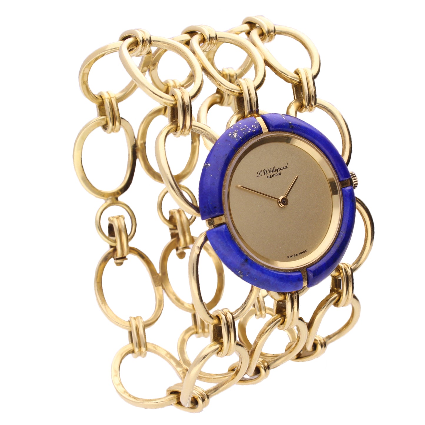 18ct yellow gold Chopard lapis lazuli dial bracelet watch. Made 1980