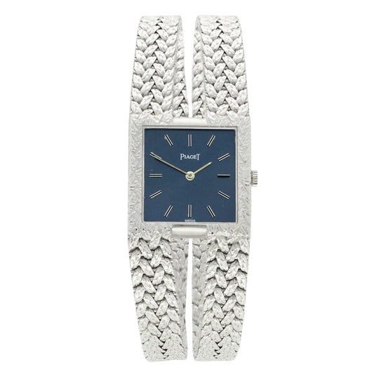 18ct white gold 'square cased' bracelet watch with slate blue dial. Made 1970s
