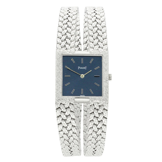 18ct white gold Piaget, 'square cased' bracelet watch with slate blue dial. Made 1970s