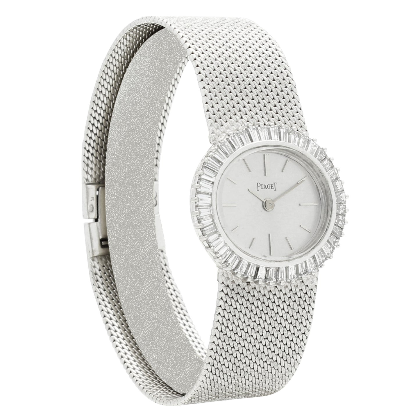 18ct white gold Piaget, reference 9322 'oval cased' and diamond set bezel bracelet watch. Made 1970s