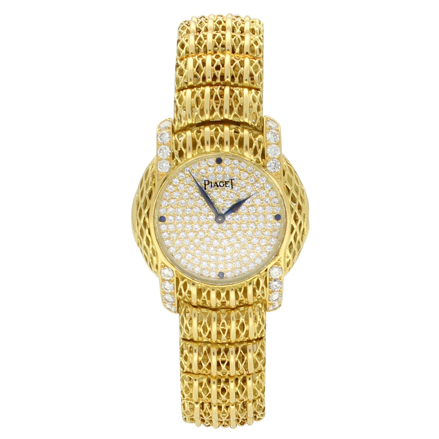 18ct yellow gold 'round cased' bracelet watch with diamond set dial and diamond set lugs. Made 1980s