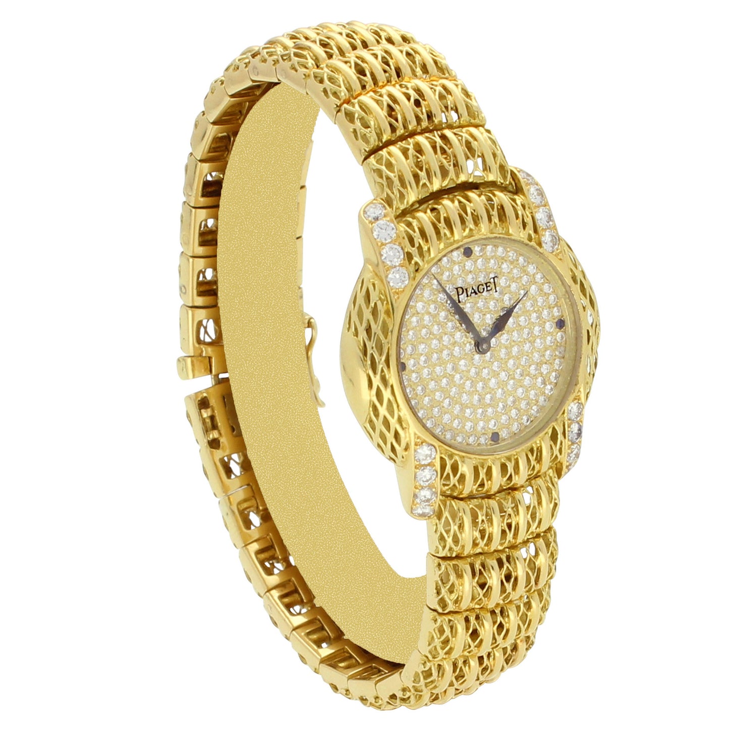 18ct yellow gold 'round cased' bracelet watch with diamond set dial and diamond set lugs. Made 1980s