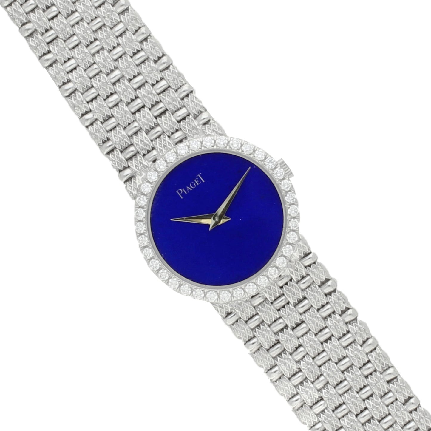 18ct white gold 'round cased' bracelet watch with lapis lazuli dial and diamond set bezel. Made 1970's