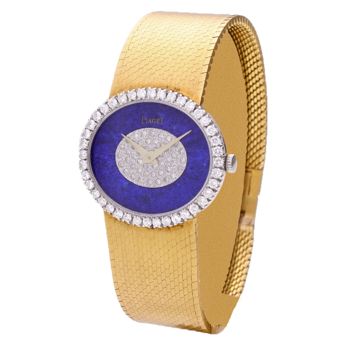 18ct yellow gold Piaget, diamond and lapis lazuli dial bracelet watch. Made 1970