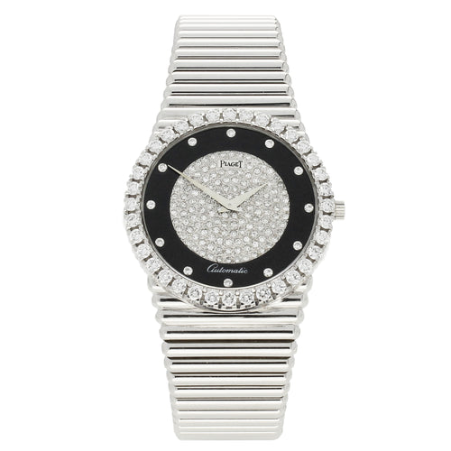 18ct white gold Piaget, reference 12336 bracelet watch with onyx and pavé diamond set dial and diamond set set bezel. Made 1970's